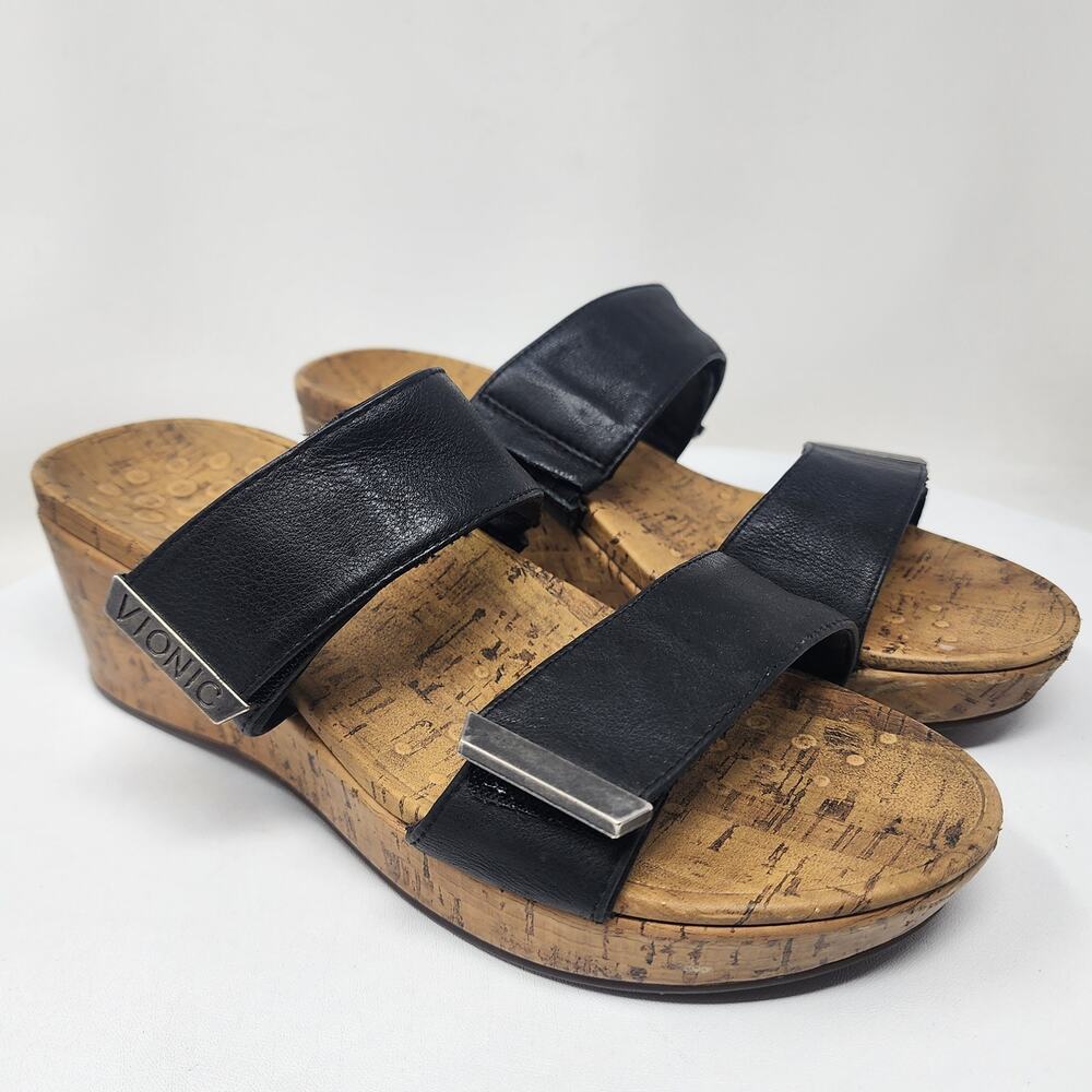 Vionic Pepper Slide Wedge Sandal Women 9 Black Leather Cork Comfort Shoes